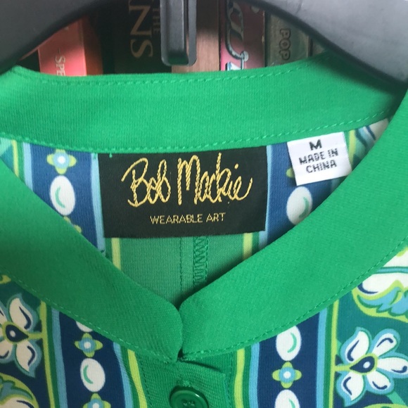 Bob Mackie Wearable Art Green & Blue Print Blouse Sz M - Picture 7 of 9